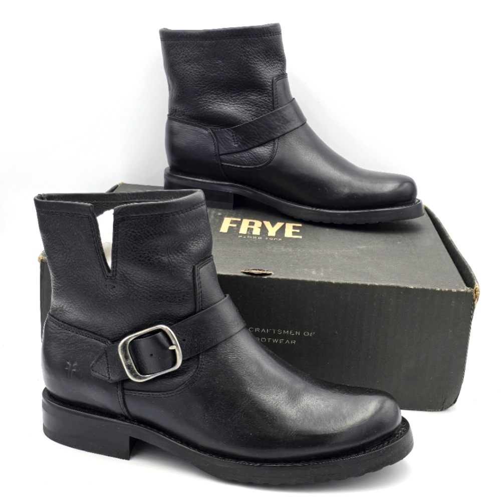 Frye Black Leather Combat Moto Boots with Buckle